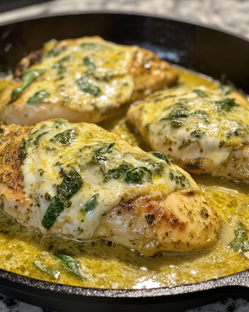 Creamy pesto chicken plated with sauce and fresh grape tomatoes