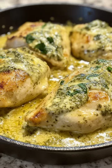 Creamy Pesto Chicken taken with iphone 15 pro max --iw 2 --ar 4:5 --v 6.1 --raw