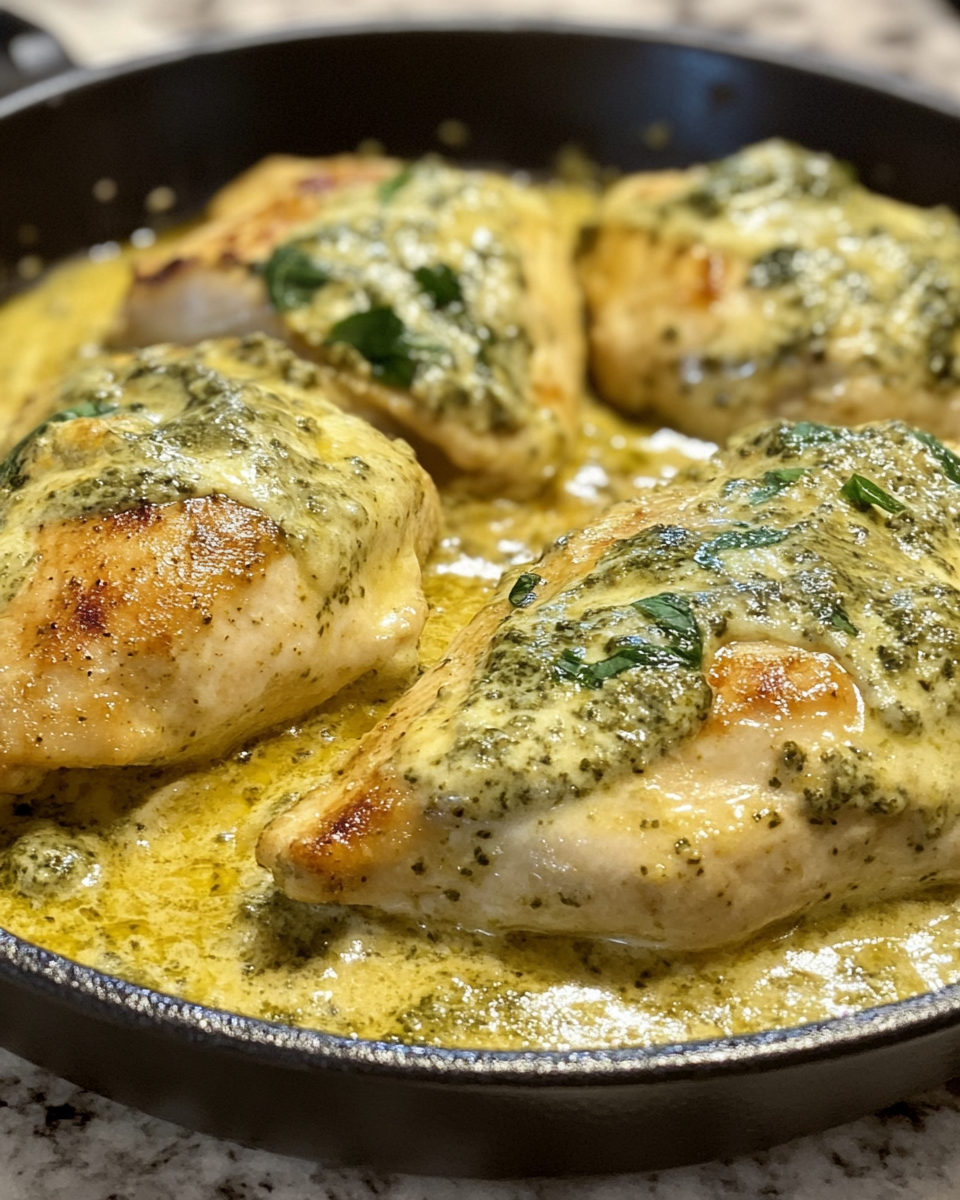 Close up of creamy pesto chicken cooking in pressure cooker with steam and float valve