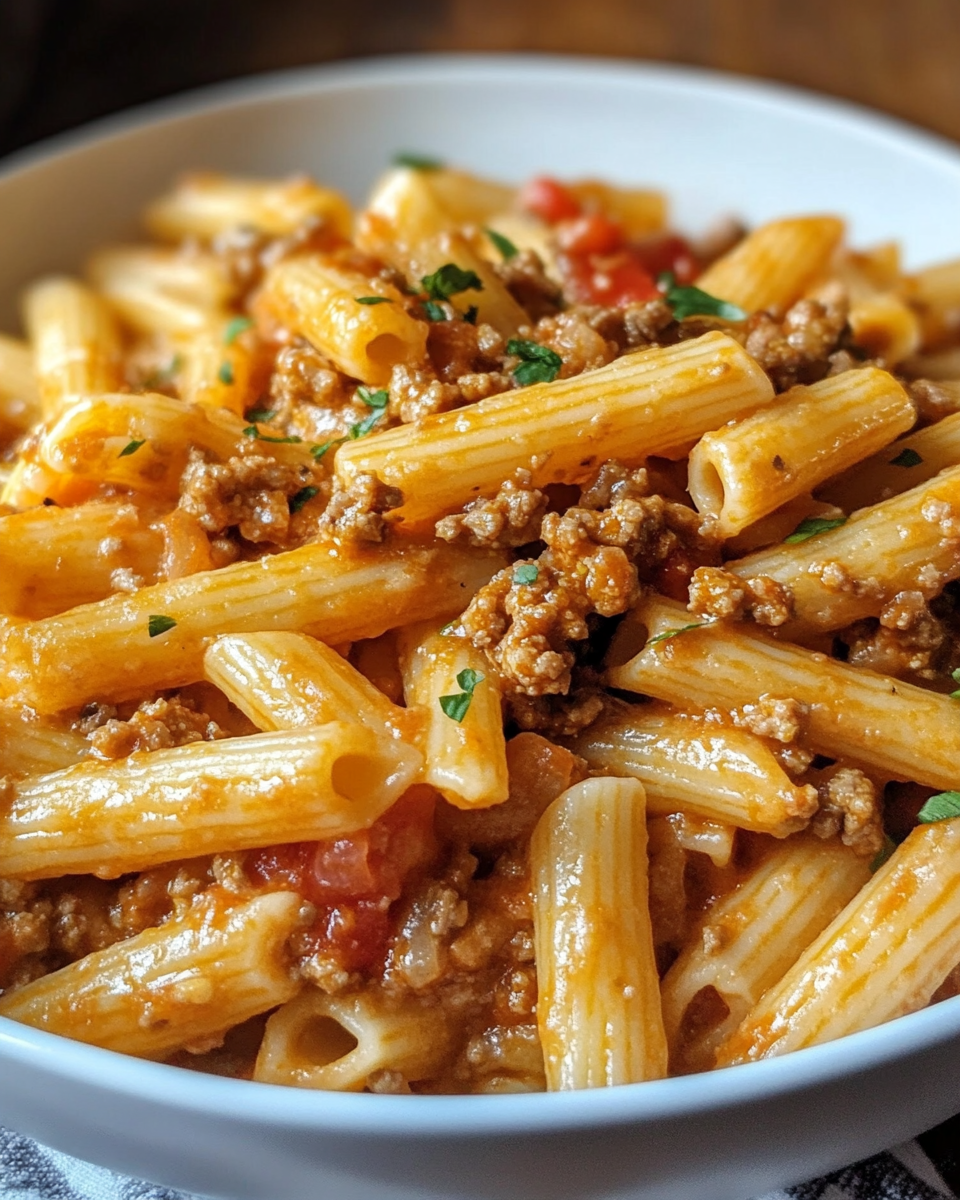 Close up of finished creamy Rotel pasta with melted cheddar and chopped parsley garnish