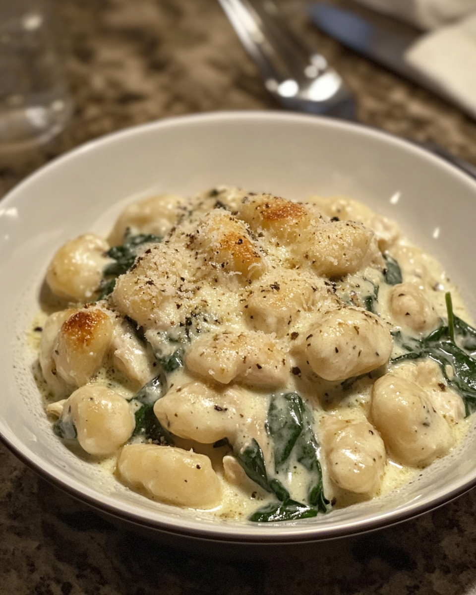 Ingredients for creamy spinach chicken gnocchi including chicken, gnocchi, and fresh spinach