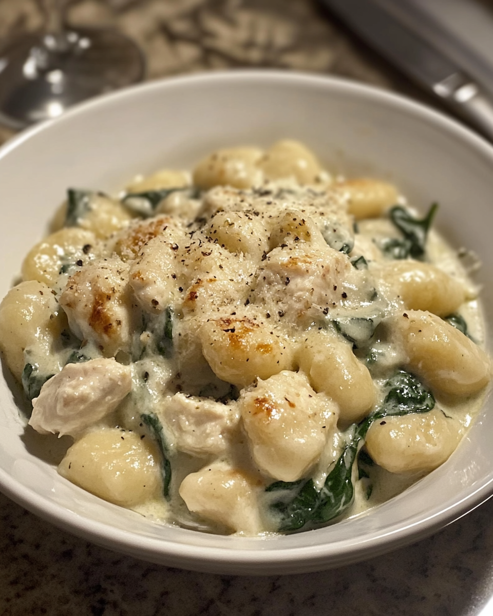 Creamy spinach chicken gnocchi in pressure cooker steaming hot
