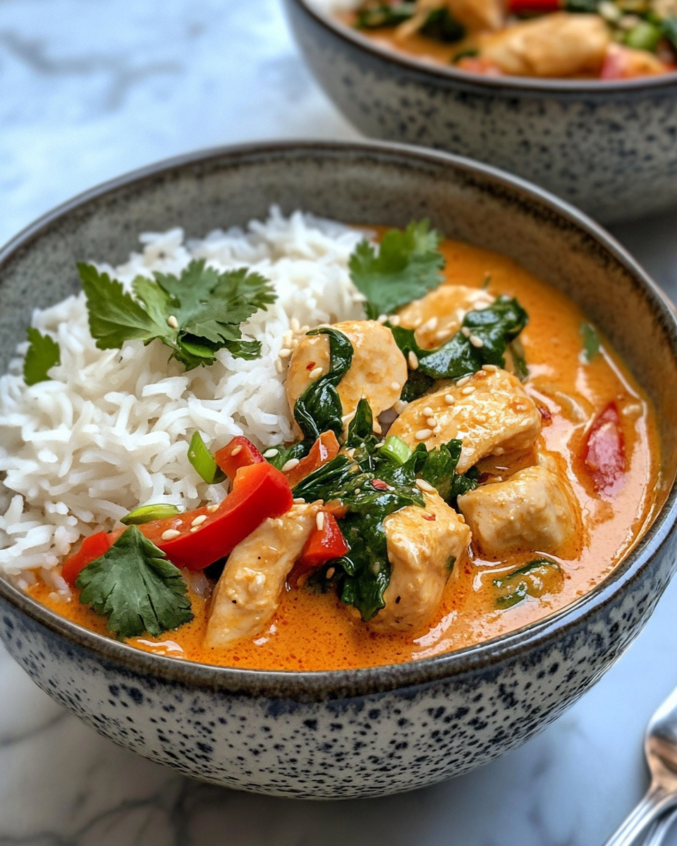 Final plated Thai red curry chicken garnished with basil and coriander