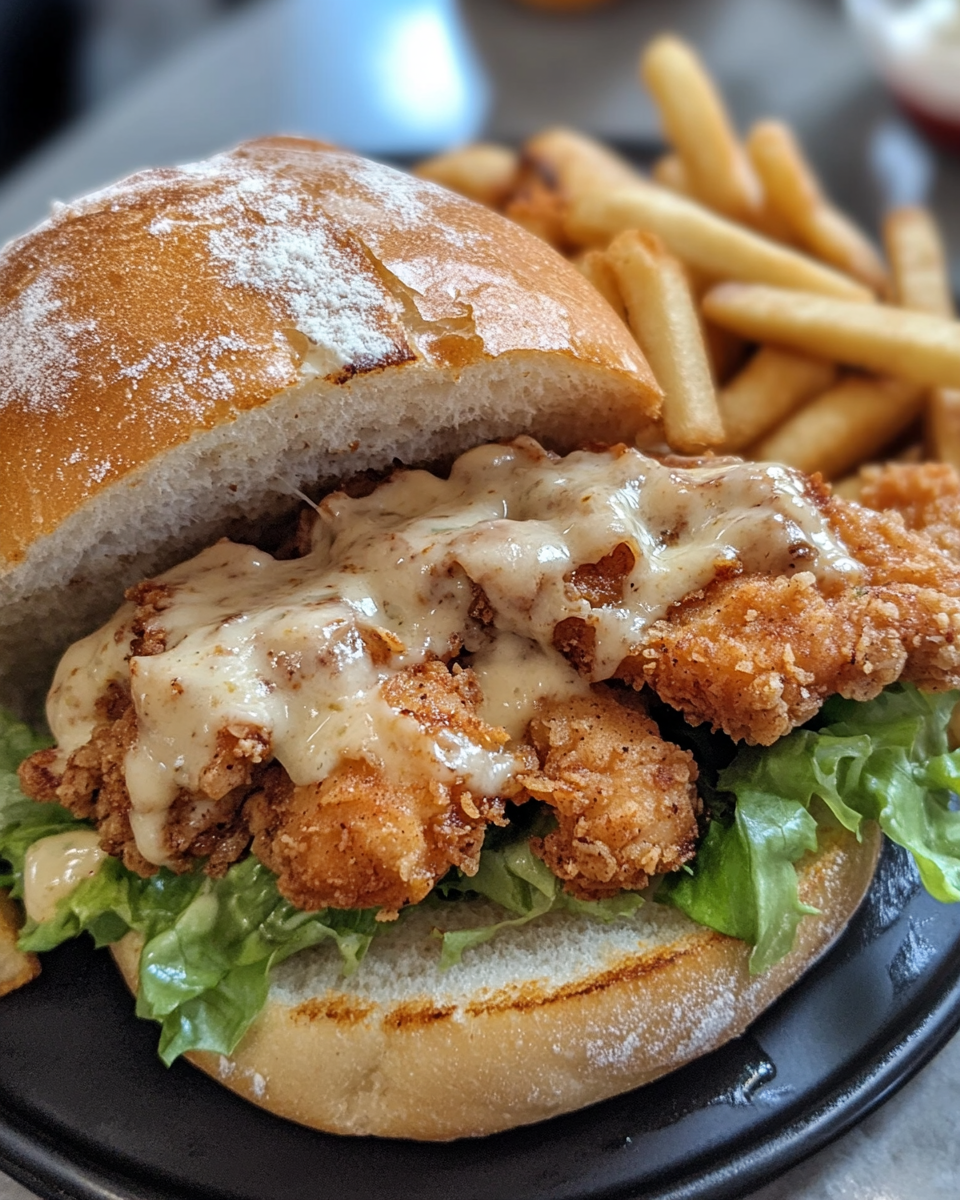 Finished crispy chicken sandwich drizzled with chili chocolate dip