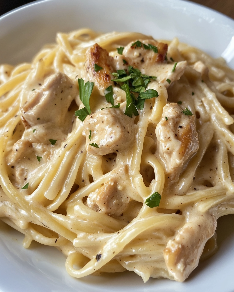 Close-up of creamy Cajun chicken pasta cooking in crockpot