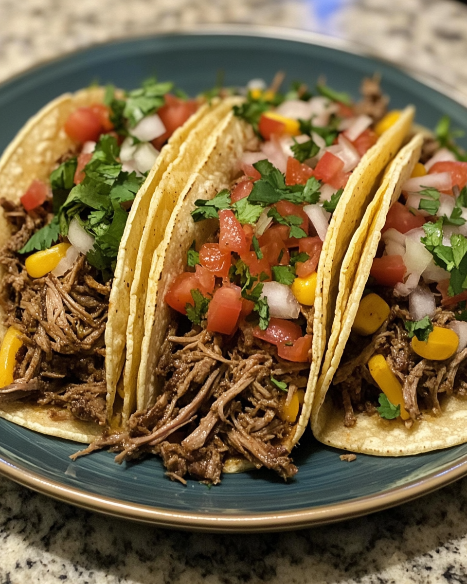 Pressure cooker with bubbling shredded beef for tacos