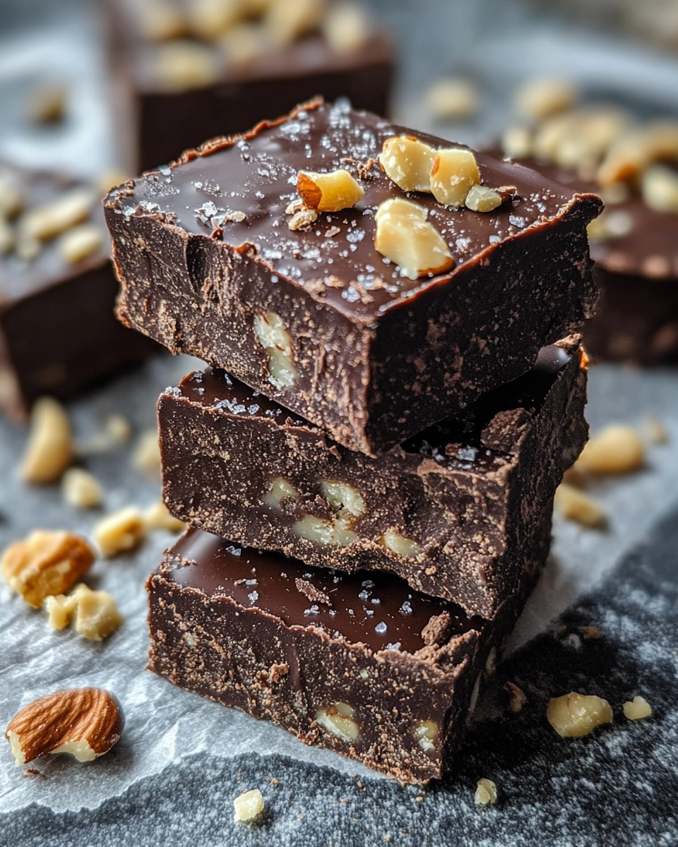 Finished dark chocolate nut squares sliced and ready to serve