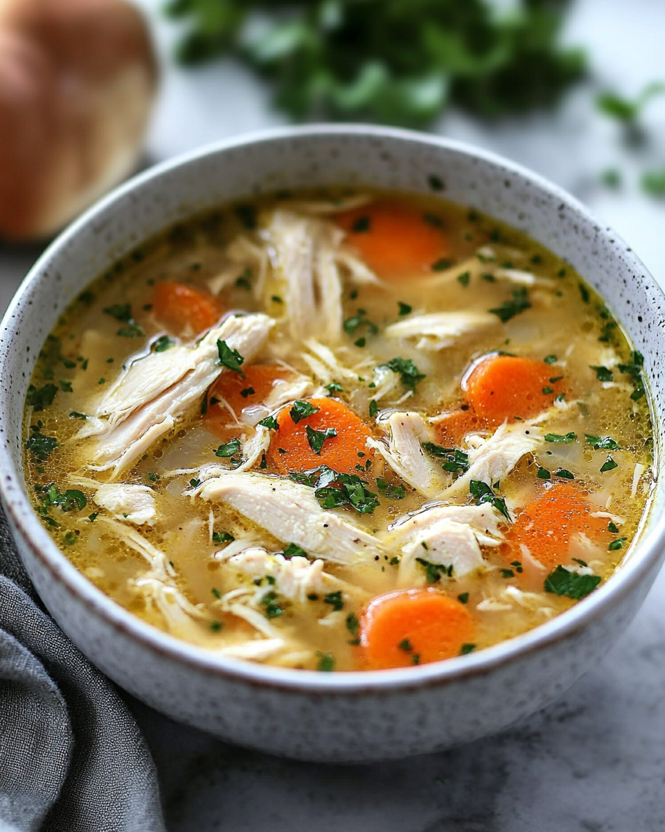 Final serving of crockpot chicken soup with herbs and farro ready to enjoy
