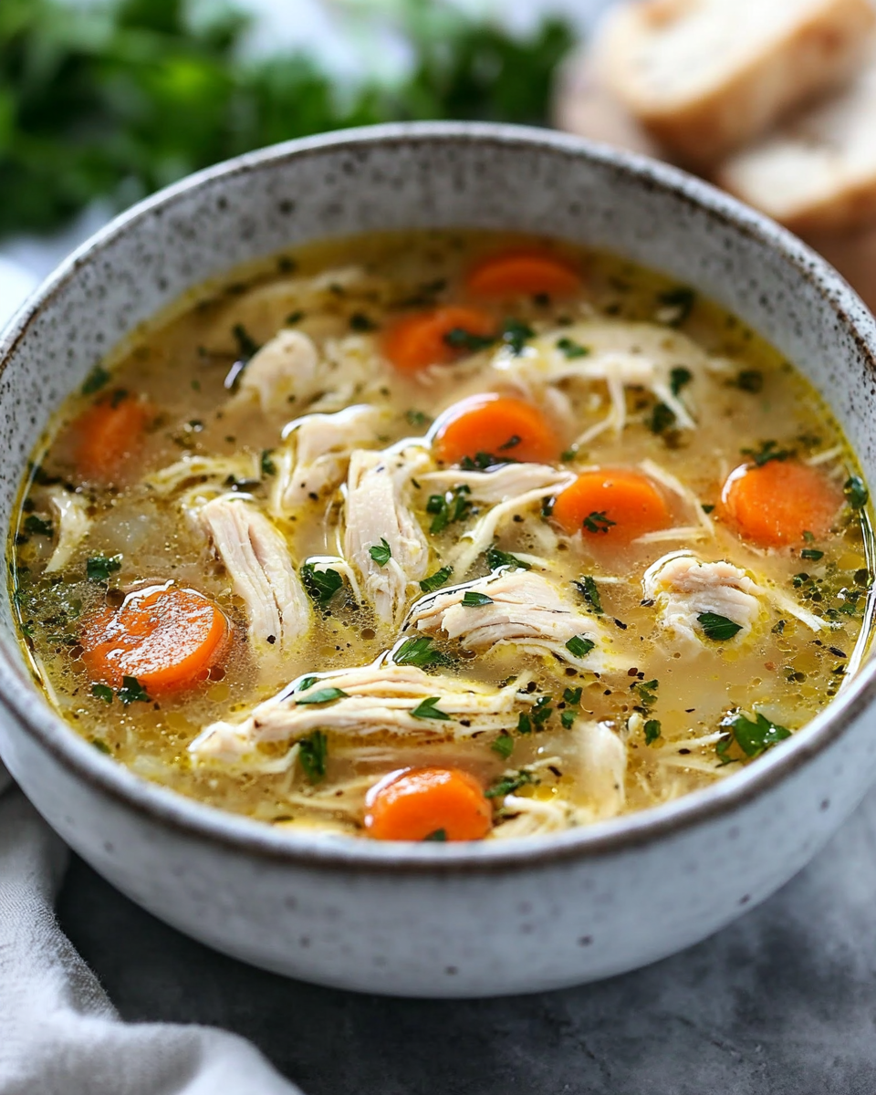 Crockpot chicken soup simmering with steam and tender veggies