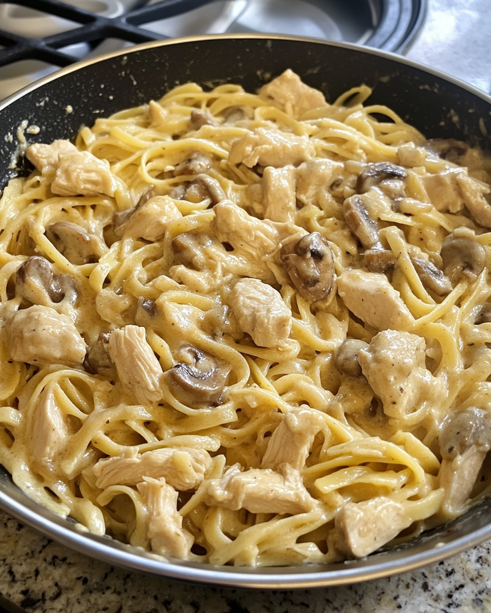 Ingredients for creamy chicken tetrazzini with shredded chicken, pasta, cheeses and parsley
