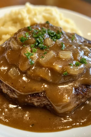 easy cracker barrel hamburger steak with onion gravy taken with iphone 15 pro max --iw 2 --ar 4:5 --v 6.1 --raw
