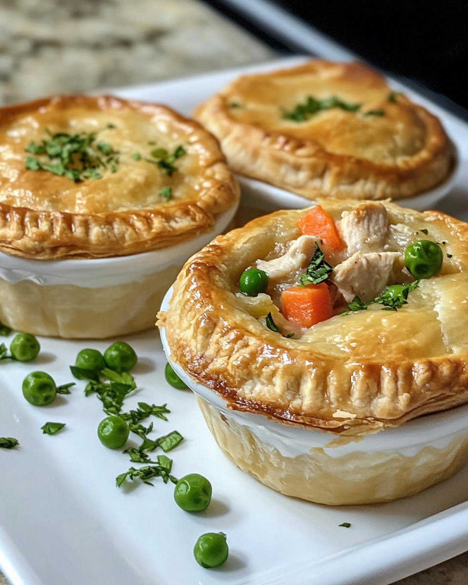Golden biscuit crust on mini chicken pot pies ready to serve