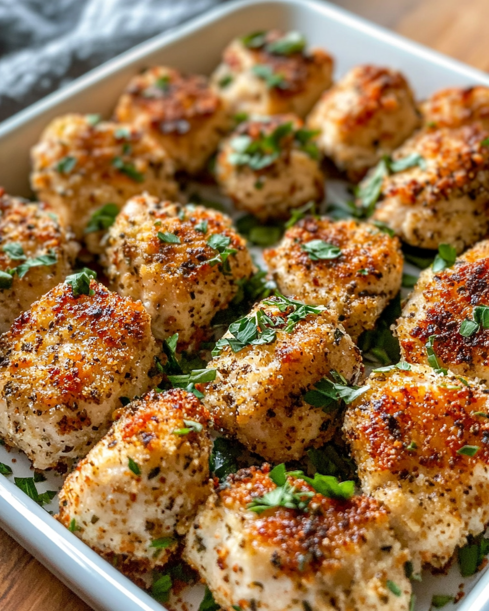 Seasoned chicken bites tossed with spices and olive oil in bowl