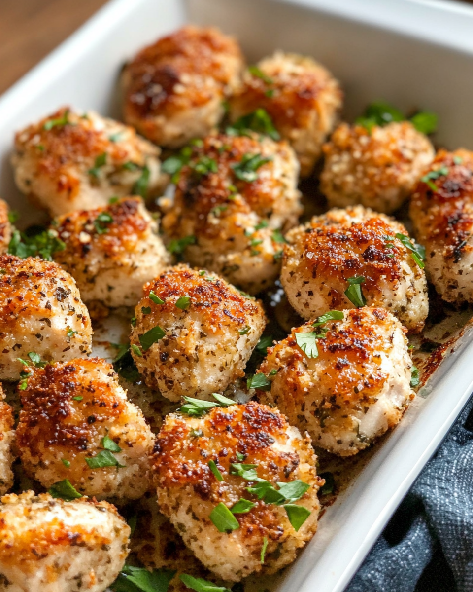 Golden oven baked chicken bites fresh from the oven