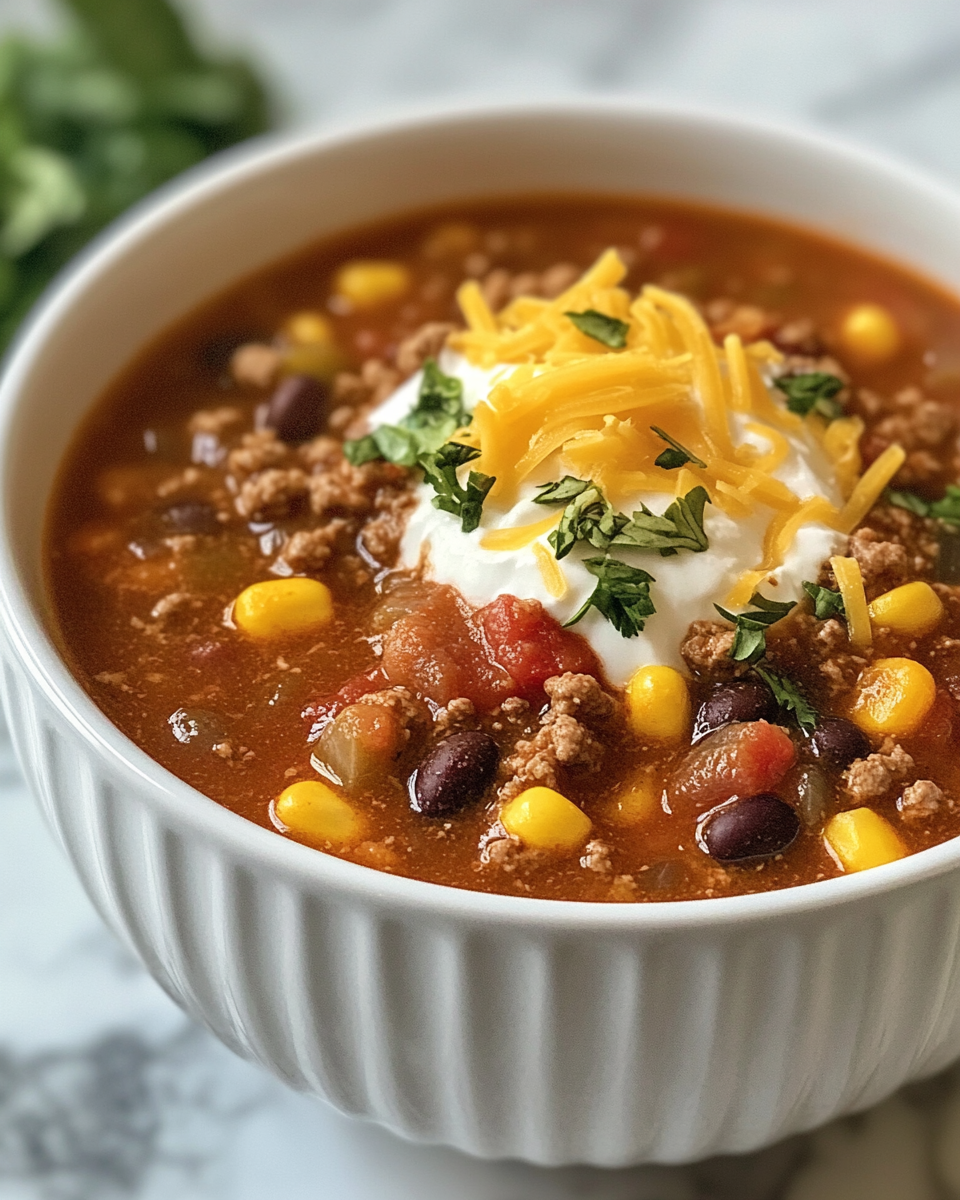 Bubbling colorful taco soup ready to serve from pressure cooker