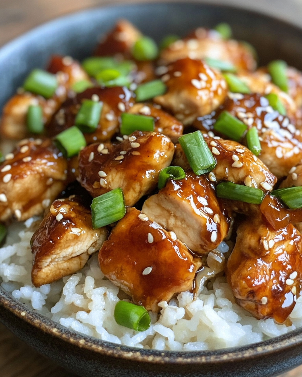 Tender teriyaki chicken served with sesame seeds and green onions over rice