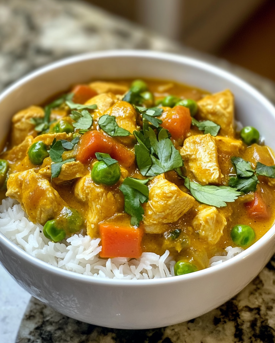 Close up of finished slow cooker coconut chicken curry plated