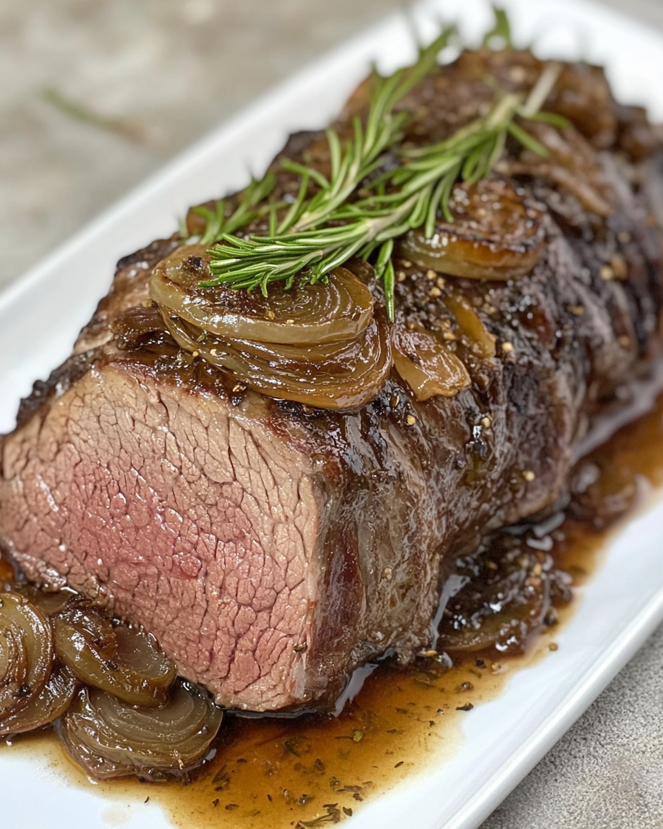 Final plated French onion chuck roast with caramelized onions and rich broth ready to serve