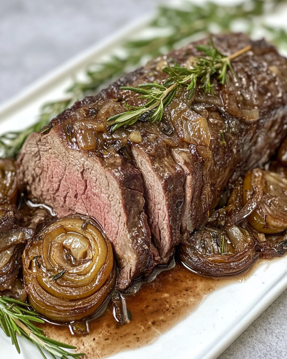 French onion chuck roast cooking in pressure cooker showing rich caramelized onions and meat