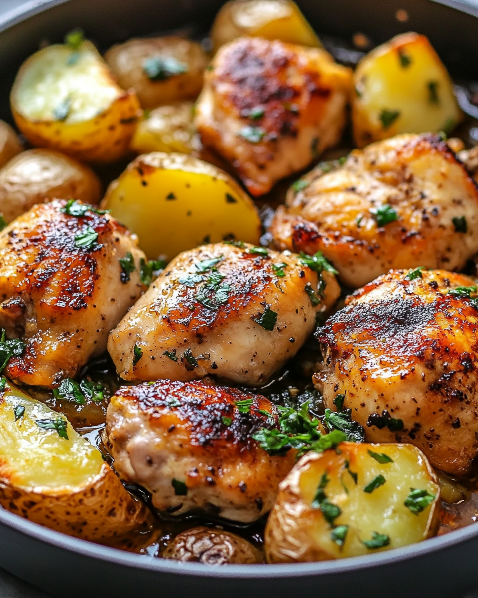 Fresh ingredients including chicken, potatoes, garlic, butter, and herbs arranged for cooking