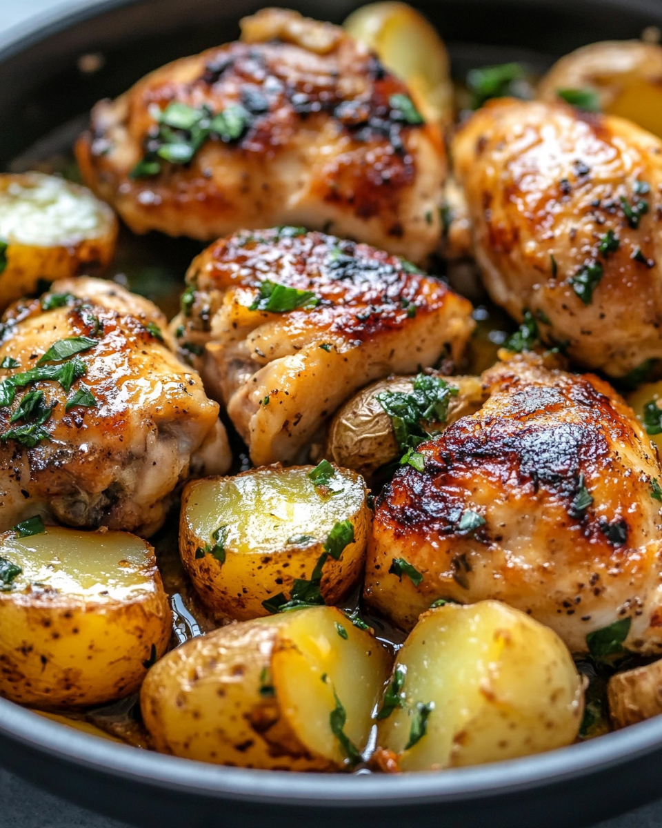 Juicy cooked garlic butter chicken with golden potatoes plated and garnished