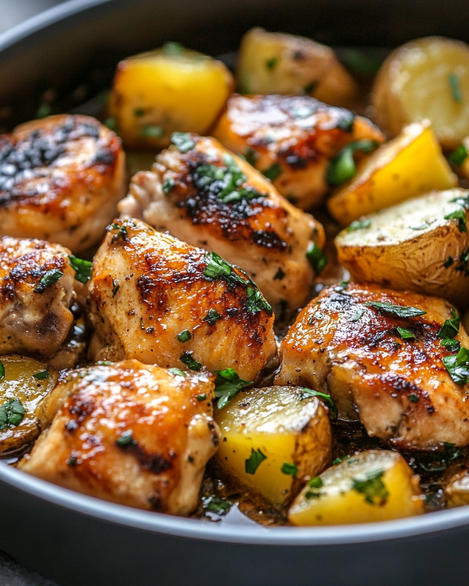 Steam rising from pressure cooker with garlic butter chicken and potatoes inside