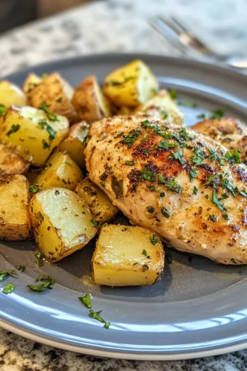 Garlic Butter Chicken and Potatoes taken with iphone 15 pro max --iw 2 --ar 4:5 --v 6.1 --raw