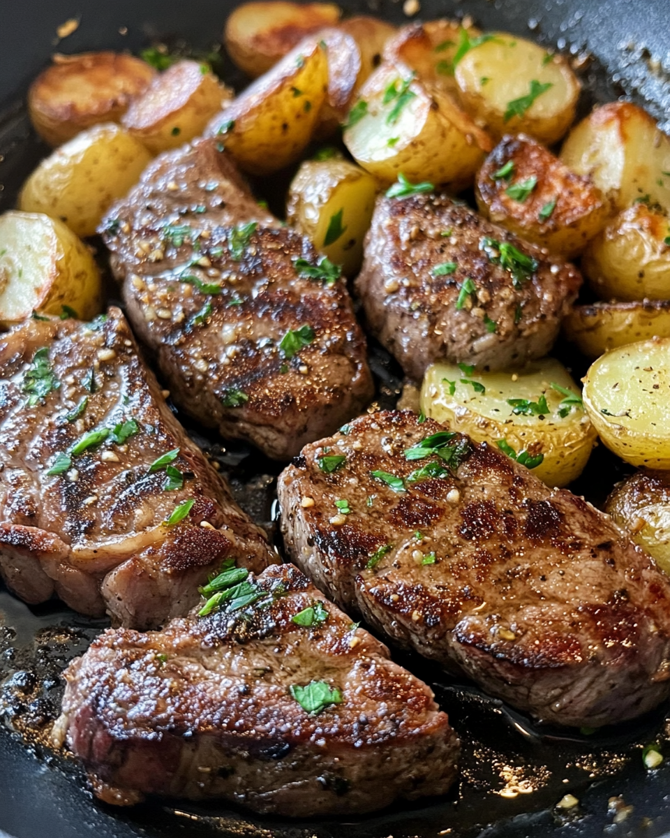 Diced baby potatoes cooking with butter and herbs in skillet