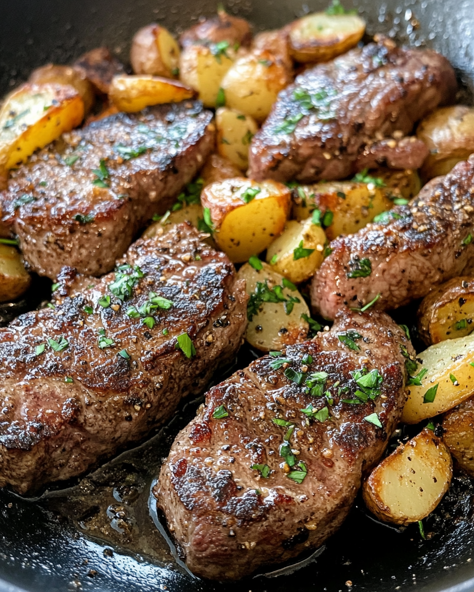 Finished plated garlic butter steak with sautéed potatoes garnished with parsley