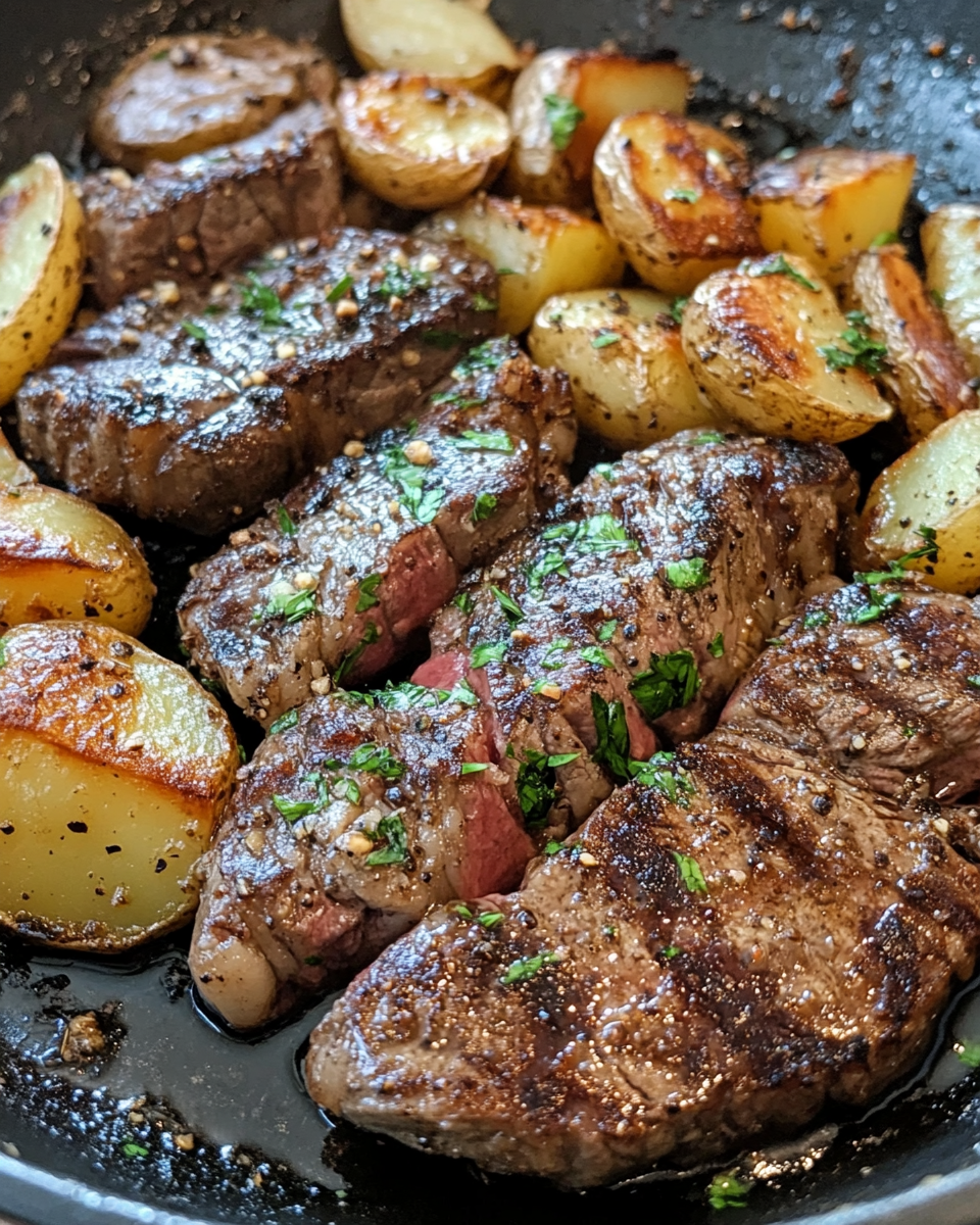 Garlic butter steak and potatoes in skillet cooking in pressure cooker