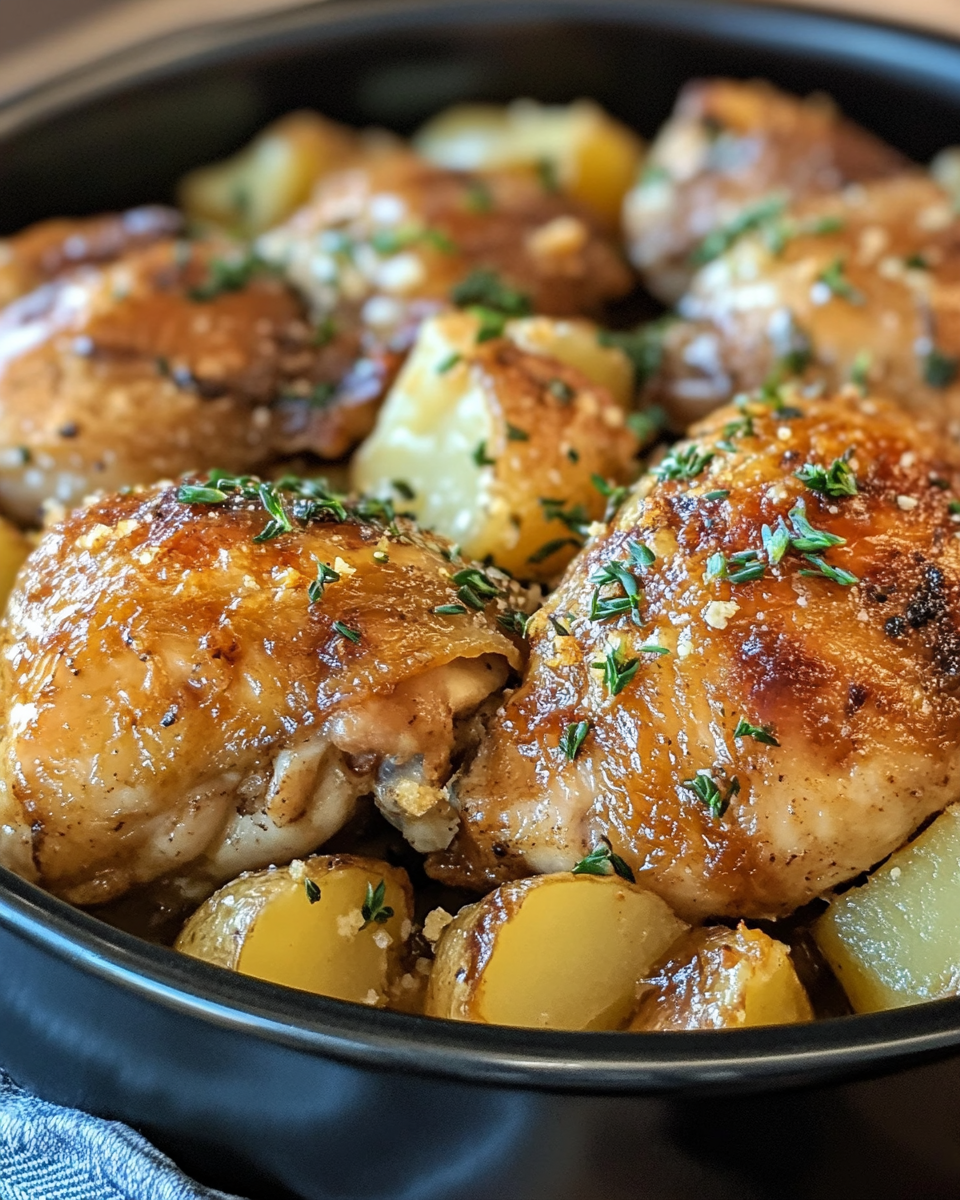 Layering baby red potatoes and garlic on slow cooker base