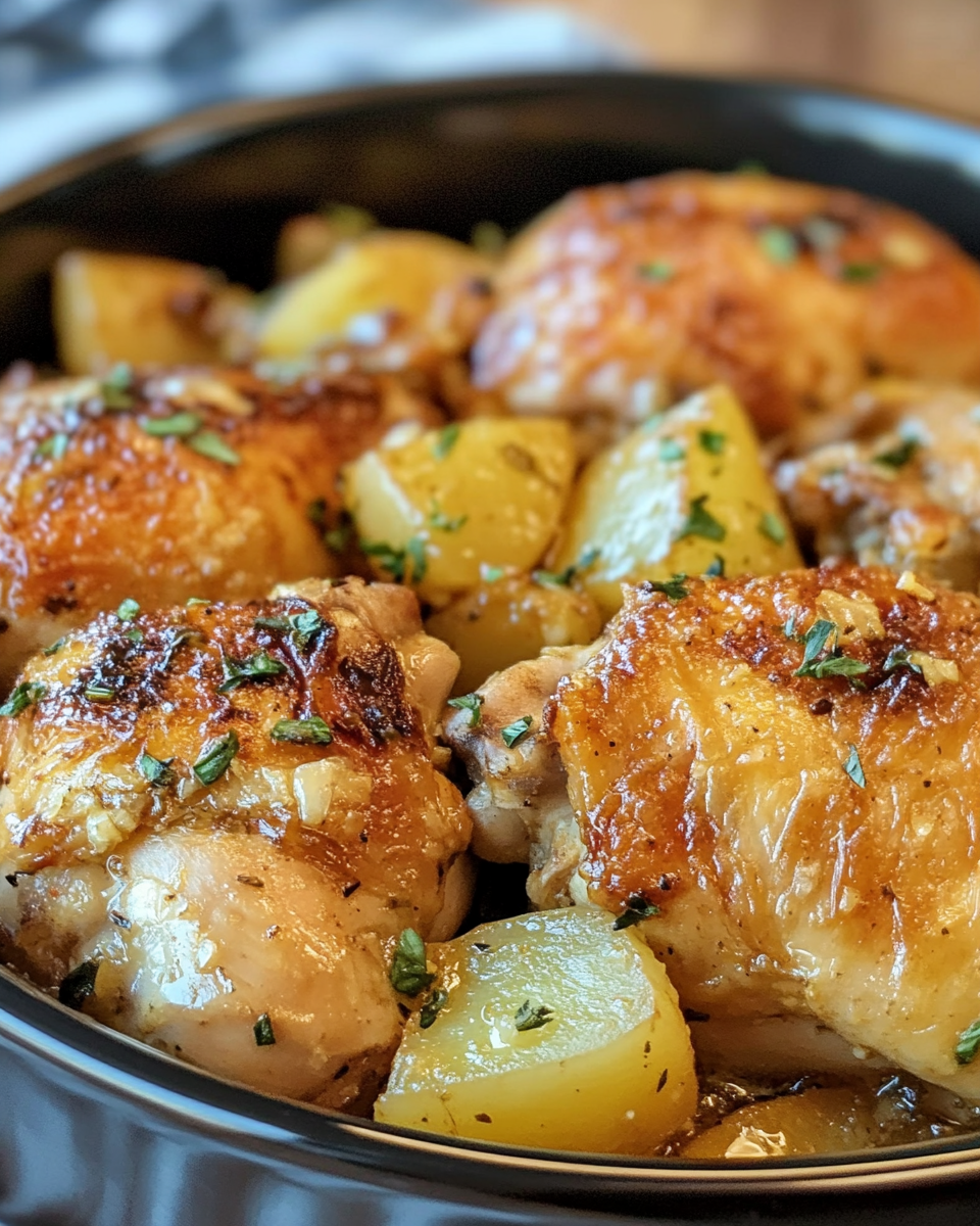 Steam rising from garlic parmesan slow cooker chicken with potatoes