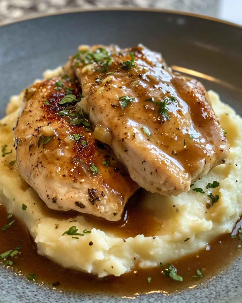 Plated glazed garlic herb pressure cooker chicken with creamy mashed potatoes