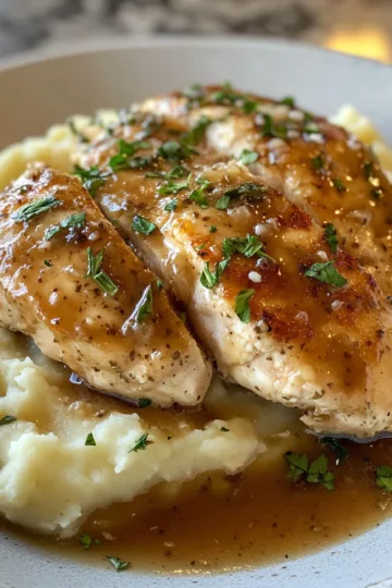 Glazed Garlic Herb Chicken Breast Over Creamy Mashed Potatoes with Pan Sauce taken with iphone 15 pro max --iw 2 --ar 4:5 --v 6.1 --raw