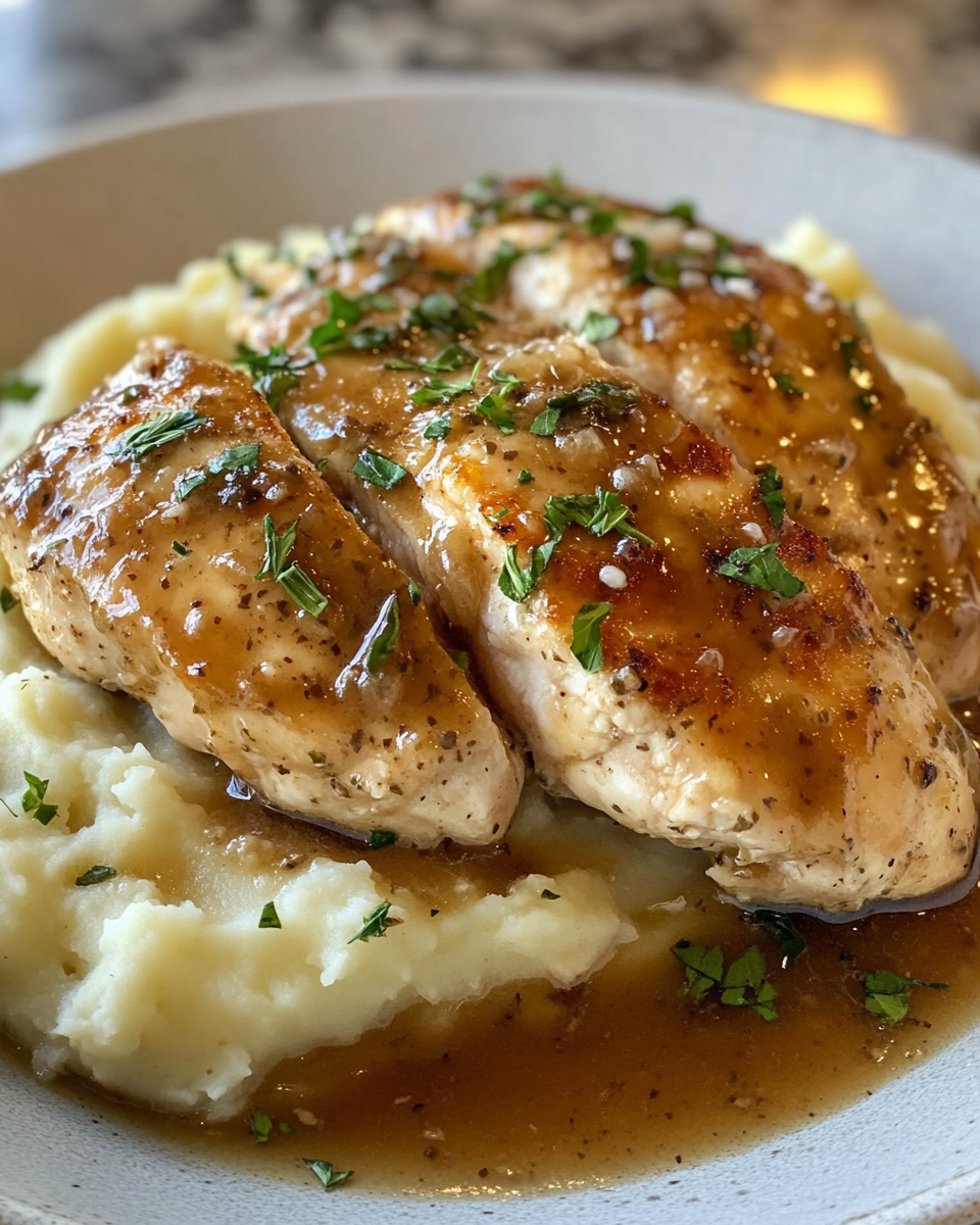 Glazed garlic herb chicken breast over creamy mashed potatoes with pan sauce