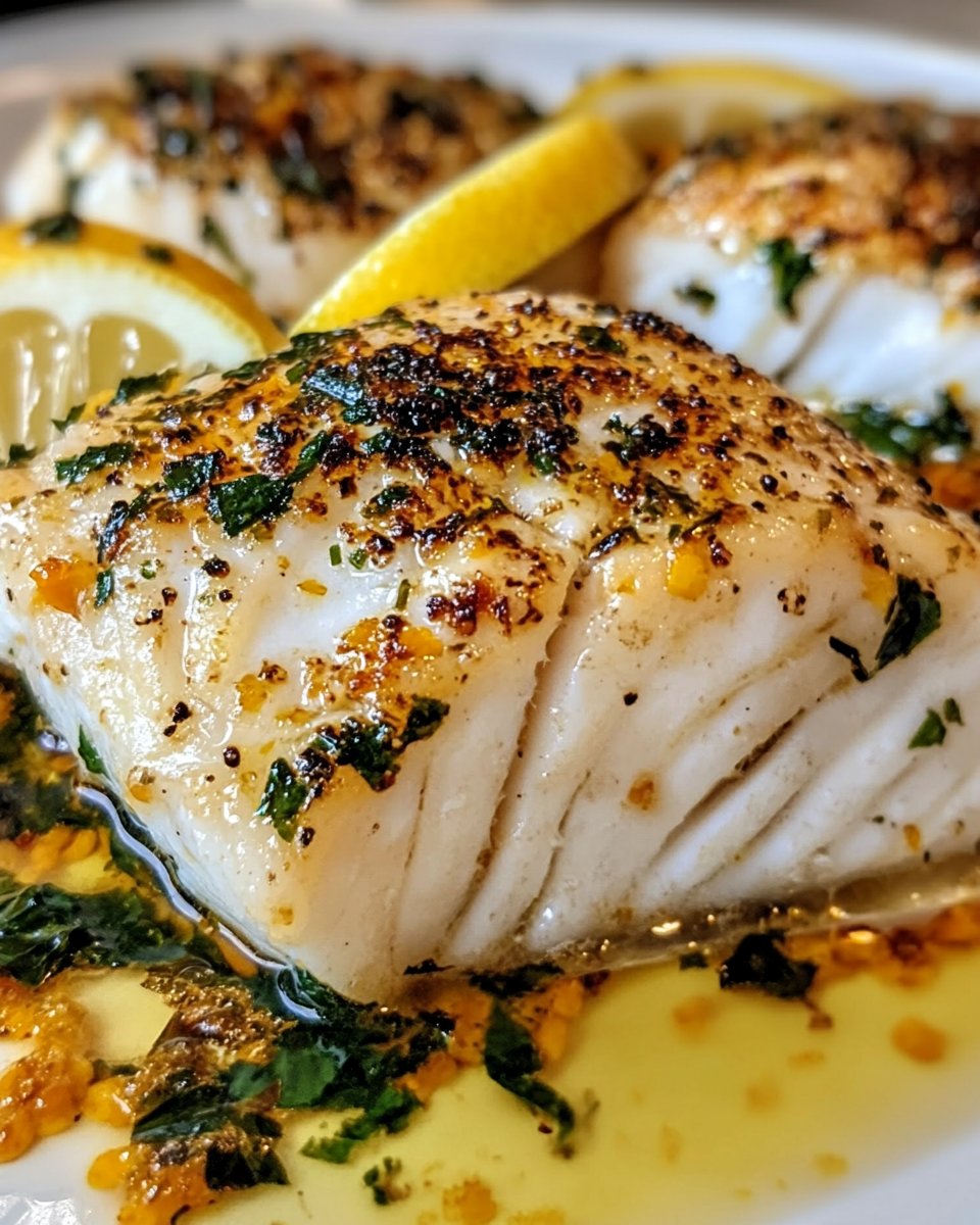 Plated Mediterranean baked cod with lemon slices and olives ready to enjoy