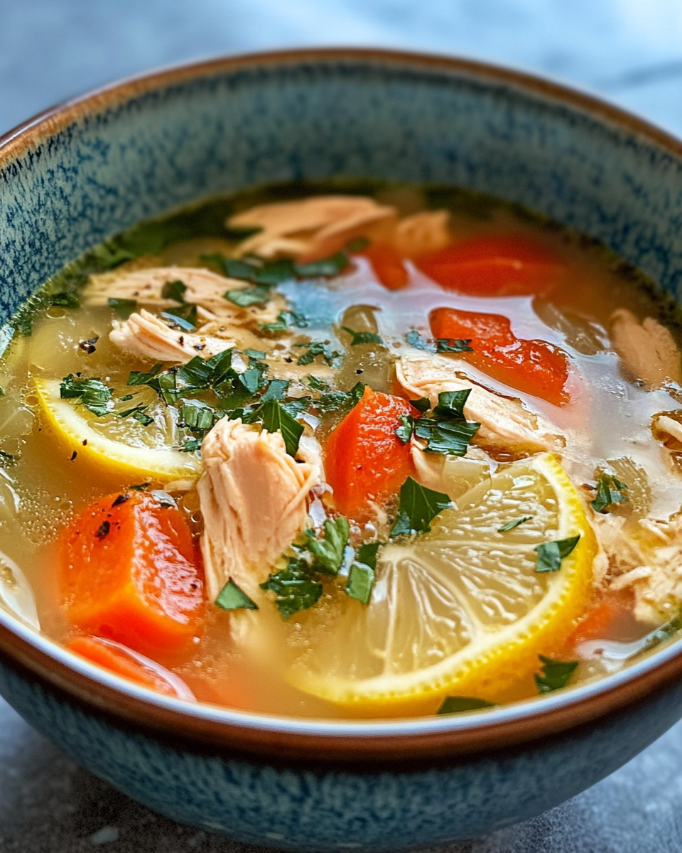 Bowl of Greek lemon chicken soup garnished with parsley ready to serve