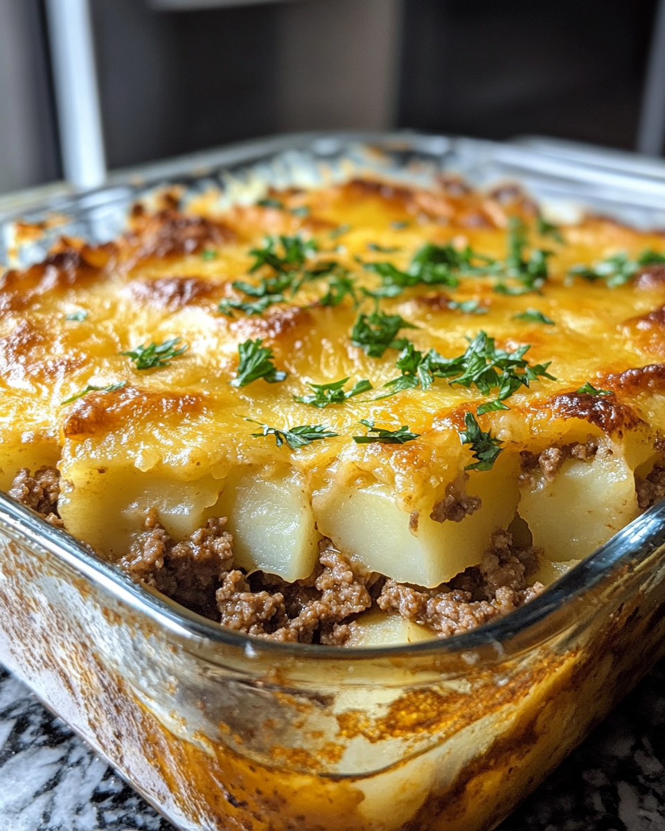 Ingredients for ground beef and potatoes casserole with cheese and spices