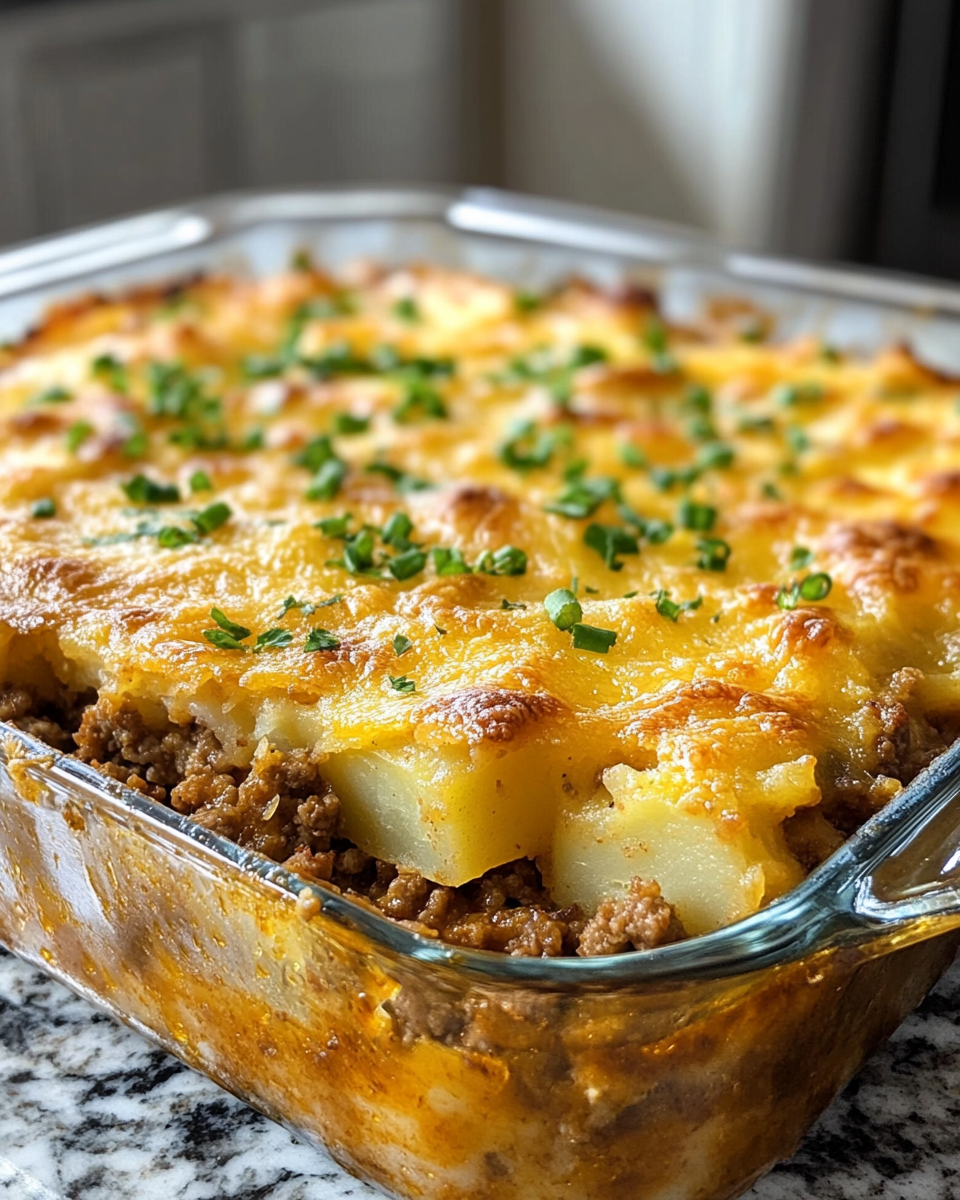 Golden cheesy baked ground beef and potatoes casserole finished and ready to serve