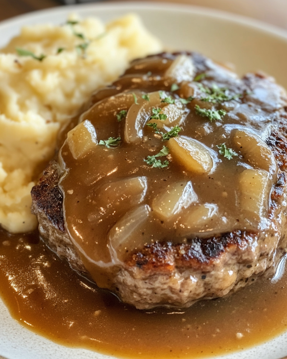 Plated hamburger steak with rich onion gravy and side of mashed potatoes