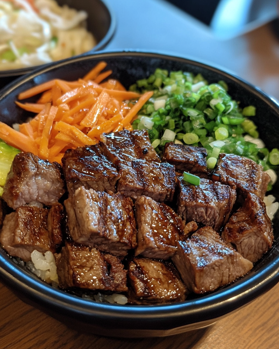 Finished hibachi steak bowls served with green onions and sesame seeds