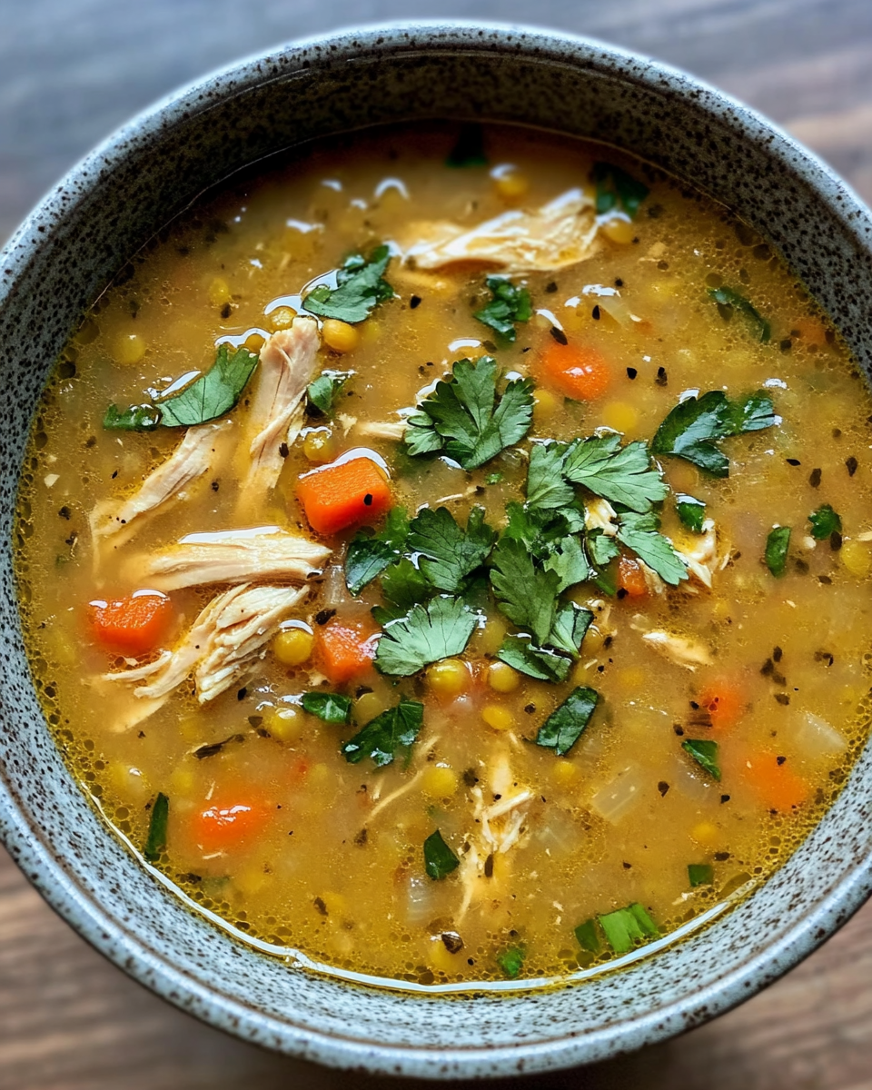 Final served chicken lentil soup in bowl with cilantro garnish