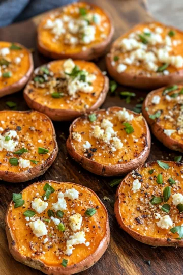 Honey Feta Sweet Potato Rounds taken with iphone 15 pro max --iw 2 --ar 4:5 --v 6.1 --raw