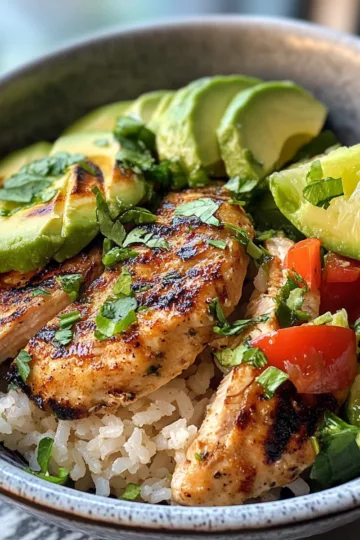 Honey Lime Chicken & Avocado Rice Stack taken with iphone 15 pro max --iw 2 --ar 4:5 --v 6.1 --raw