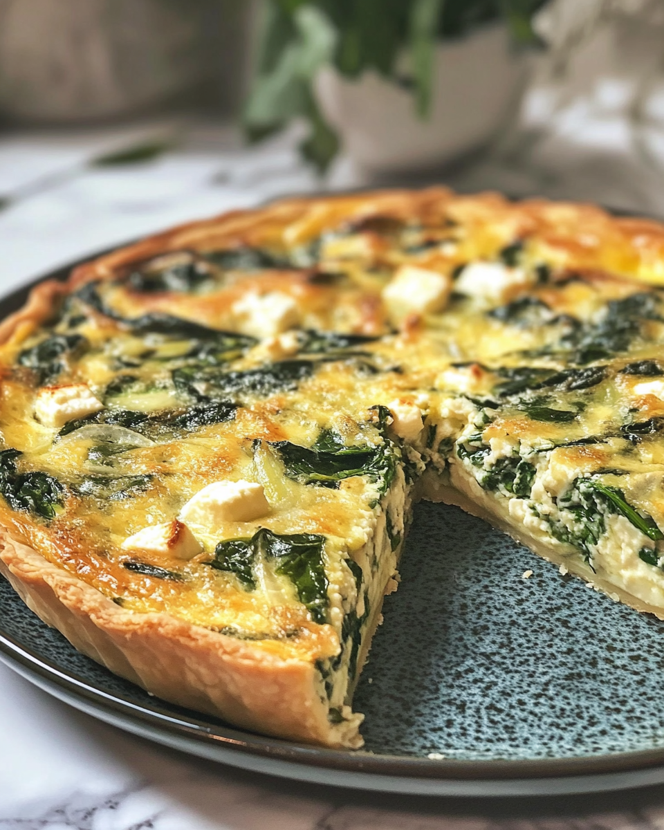 Ingredients for crustless spinach and feta quiche laid out including spinach, feta, garlic