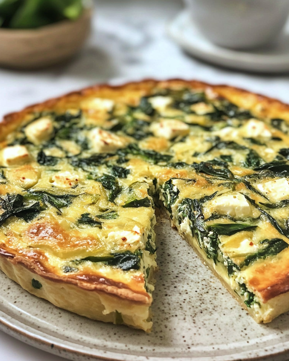 Finished crustless spinach and feta quiche baked golden with crispy edges