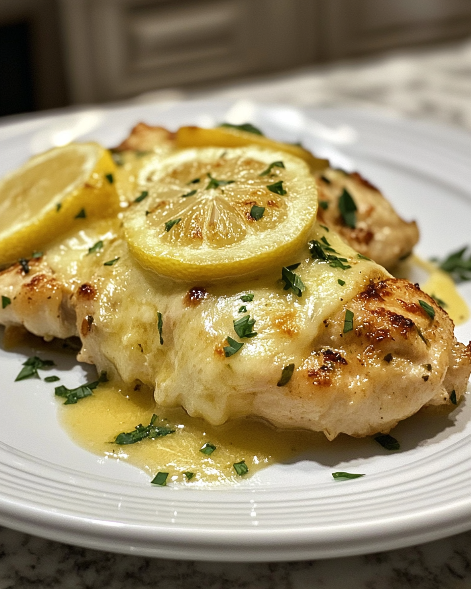 Plated lemon chicken Romano with melted cheese and lemon wedges