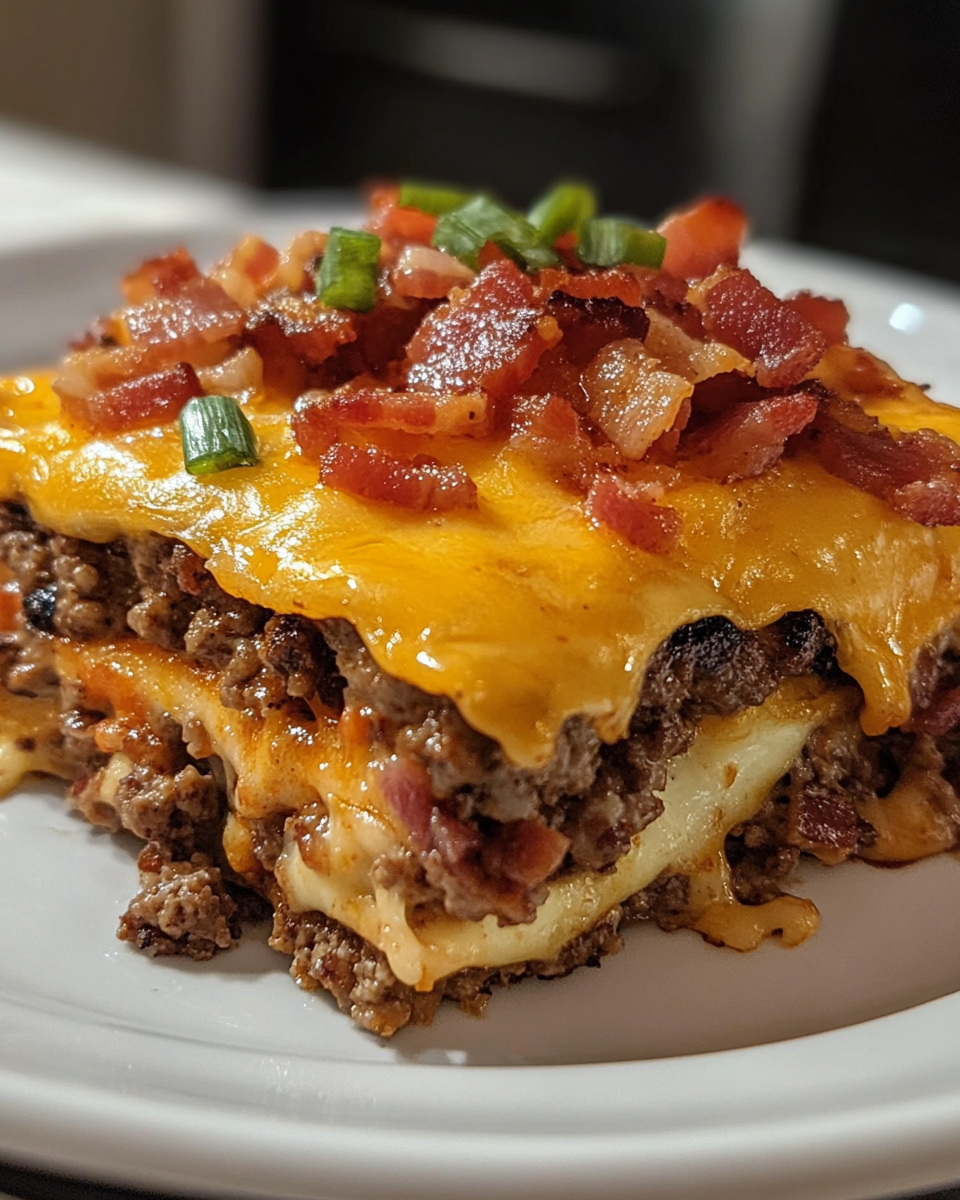 Finished low carb bacon cheeseburger casserole sliced and served