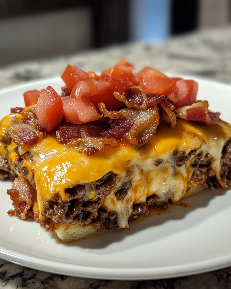 Close up of low carb bacon cheeseburger casserole fresh from pressure cooker