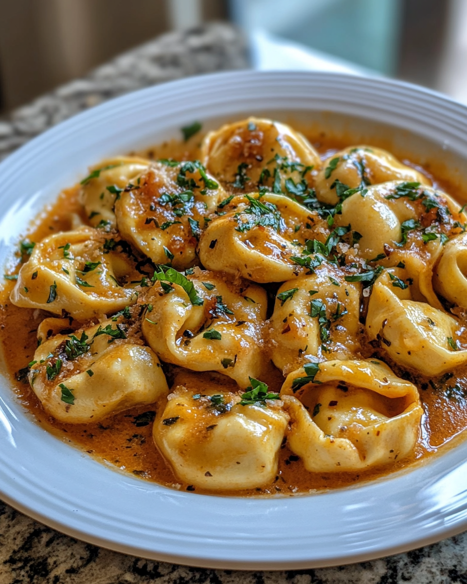 Finished plated Marry Me Chicken Tortellini with creamy sauce and fresh herbs